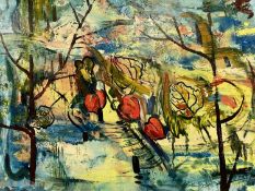 ‡ ROBERT EVANS HUGHES (1896-1970) oil on board - entitled 'Autumn Lanterns', signed lower left,