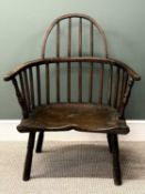 PRIMITIVE 19TH CENTURY WELSH ASH & ELM COMB BACK CHAIR, with hewn solid seat and turned supports, 92