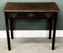 19TH CENTURY MAHOGANY SIDE TABLE, rectangular top with moulded rim, over frieze drawer with brass