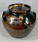 LARGE STONEWARE BREAD CROCK, two handled, lid with knop finial, mottled treacle glaze, 29cms (h)