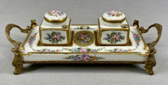 LIMOGES PORCELAIN DESK STAND, having twin inkwells with covers, painted with floral sprays and