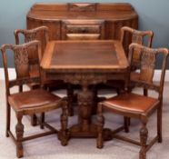 OAK DINING ROOM SUITE, early 20th century, comprising draw leaf table with carved bulbous end