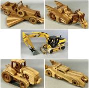 FIVE HANDMADE WOODEN SCALE MODEL VEHICLES, including Cat excavator with painted detail, Chitty
