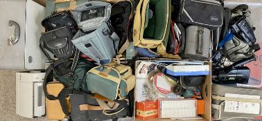 PHOTOGRAPHY ACCESSORIES including many camera bags, also Grundig Twin Track recorder, cased Singer
