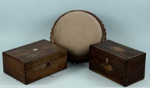 19TH CENTURY WOODEN ITEMS, comprising mahogany double tea caddy inlaid with shell motifs, 13 (h) x