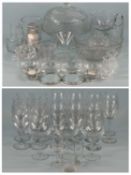 QUANTITY OF GLASSWARE, including wine glasses, water jug, cake stand and cover, etc. Provenance: