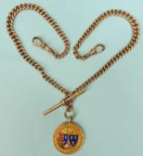 9CT GOLD DOUBLE CURB LINK WATCH ALBERT, centred with T-bar and Chester and Runcorn Football