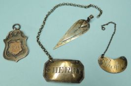 ASSORTED SILVER, comprising George III silver decanter label 'Sherry', London 1796; later whisky
