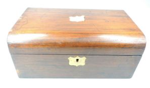 VICTORIAN ROSEWOOD JEWELLERY BOX, containing silver handled button hook and shoe horn, Victorian