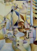 UNKNOWN CONTEMPORARY oil on board - entitled verso 'Abstract Jazz 2', with names of Jazz musicians
