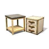 CONTEMPORARY FURNISHINGS, leather bound canvas bedside chest with leather strap handles, 49 (h) x 44