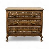 FRENCH LOUIS XV STYLE OAK THREE-DRAWER CHEST, each drawer having moulded fronts and brass drop