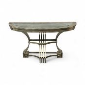 CONTEMPORARY METAL CONSOLE TABLE of demilune form, with silvered finish, the scrolled base with