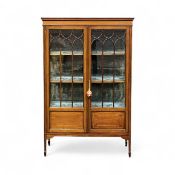 EDWARDIAN INLAID MAHOGANY DISPLAY CABINET, double lattice glazed doors enclosing blue velvet lined