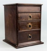 EDWARDIAN OAK TABLETOP CHEST OF THREE DRAWERS, with recessed brass ring handles, 35 (h) x 27 (w) x