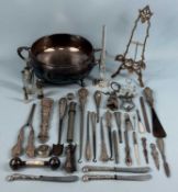 VARIOUS SILVER-HANDLED ITEMS, including tongs, button hooks, shoe horn, manicure items, etc.