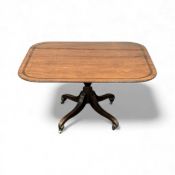VICTORIAN MAHOGANY BREAKFAST TABLE, rectangular cross banded tilt-top with rounded corners, base
