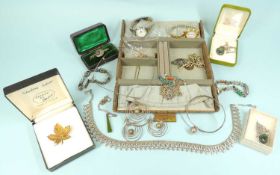 SMALL ASSORTMENT OF COSTUME JEWELLERY, including Victorian silver crescent and leaf bar brooch,