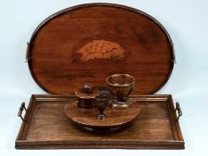 EDWARDIAN MAHOGANY KIDNEY-SHAPED TEA TRAY, inlaid with central shell motif, raised wavy rim, and