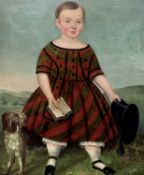 19TH CENTURY NAIVE SCHOOL oil on relined canvas - portrait of a boy with pet spaniel, 64 x 61cms