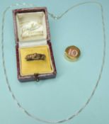 CLOGAU SILVER & 9CT GOLD RING, size O; together with 9ct gold mounted 10 shilling note charm; and