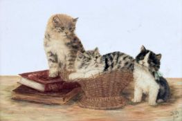 BESSIE BAMBER (19th century) oil on opaque panel - kittens in a basket, signed with initials,