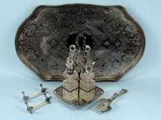 PLATED WARE, including Old Sheffield Plate tea tray with gallery rim, 56 x 35cms; four-bottle cruet;