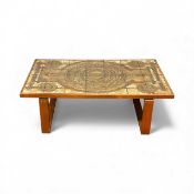 RETRO TEAK & TILE TOPPED COFFEE TABLE, mid-1970s, the abstract tiles finished in shades of brown,