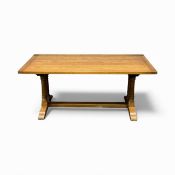 OAK REFECTORY TABLE, double turned supports with central stretcher, pegged joints and cleated