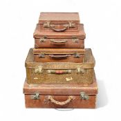 VINTAGE LUGGAGE, one vinyl and four leather suitcases, largest 23 (h)x 66 (w) x 42cms (d)