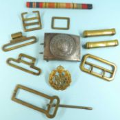 MILITARIA, including Third Reich steel belt buckle inscribed 'Gott Mit Uns', RAF cap badge, etc.