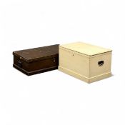 TWO VINTAGE WOODEN TRUNKS, cream painted, the smaller with metal side carrying handles, 40 (h) x