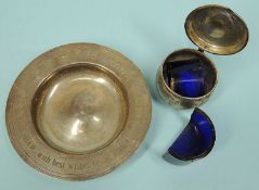 BOODLE & DUNTHORNE SILVER PRESENTATION COASTER, c. 2000, with inscription, 10cms; together with