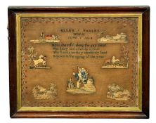VICTORIAN NEEDLEWORK SAMPLER by Ellen Varley, dated 1854, mounted within a contemporary rosewood