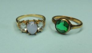 9CT GOLD GREEN STONE SOLITAIRE RING, size P; together with moonstone, diamond and white gem set