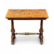 VICTORIAN WALNUT CARD TABLE, rectangular quarter veneered swivel top with moulded rim, baize lined