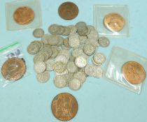 QUANTITY OF PRE-1947 SILVER THRUPPENNIES, and a small number of old pennies Provenance: private