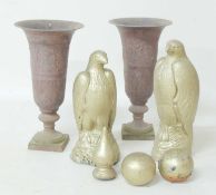 PAIR OF LARGE PRESSED METAL FOOTED VASES, 50cms (h); together with a pair of gilt painted