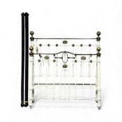 VICTORIAN STYLE PAINTED CAST IRON & BRASS DOUBLE BEDSTEAD, 137 (h) x 137 (w) x 200cms (l)
