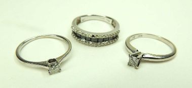 THREE DIAMOND RINGS, 9ct gold princess-cut diamond solitaire ring, size M, 1.1g; 9ct white gold
