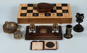 ASSORTED COLLECTABLES, including Edwardian oak desk stand, twin glass ink wells with hinged brass