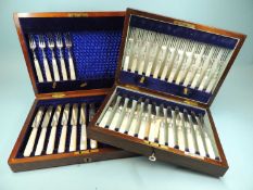 MAHOGANY CASED PART CANTEEN of silver and mother of pearl handled dessert knives and forks,
