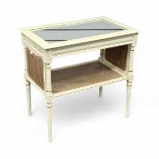 CREAM PAINTED RECTANGULAR OCCASIONAL TABLE with plate glass top, bergère sides and undertier, fluted