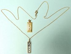 9CT GOLD SMALL INGOT PENDANT, 3.3g; together with 9ct gold millennium pendant necklace, 1.9g (2)