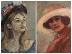 TWO 20TH CENTURY PORTRAITS OF YOUNG LADIES, oil on board, 39 x 29cms, and pastel, 35 x 25cms