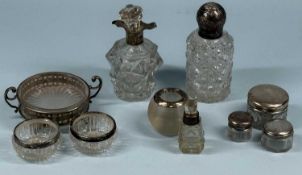 SILVER MOUNTED GLASS COLLECTABLES, including scent bottles, dressing table jars, pair of salts,