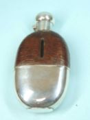 EDWARDIAN SILVER & LEATHER CLAD HIP FLASK, hallmark Chester 1908, with hinged bayonet cap, 15cms