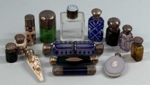 ASSORTED SILVER MOUNTED SCENT BOTTLES, Victorian and later, in coloured glass and ceramic