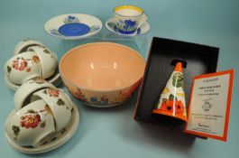 CLARICE CLIFF POTTERY, comprising Wedgwood Blue Crocus trio, boxed; Wedgwood Red Roofs conical sugar