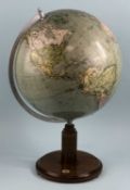 VINTAGE TERRESTRIAL GLOBE with aluminium arm, beech base with inset compass, 53cms (h) Provenance: